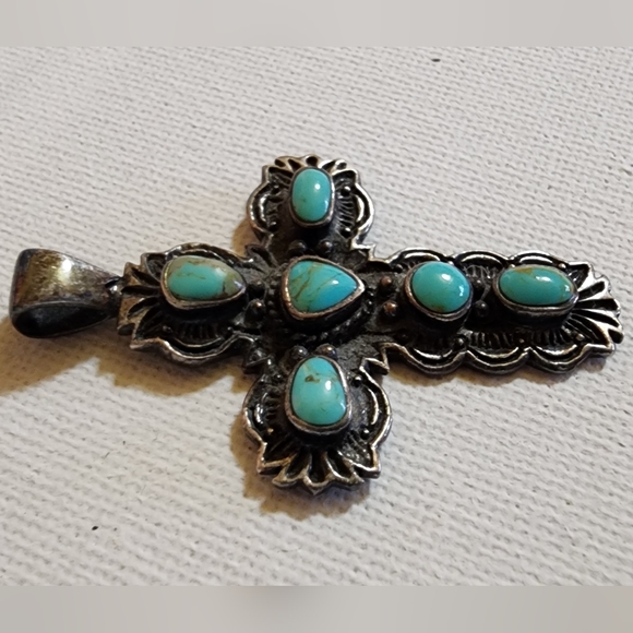 Boho Gypsy Vintage Sleeping Beauty AAA Turquoise Sterling Silver Cross Pendant - Picture 2 of 7